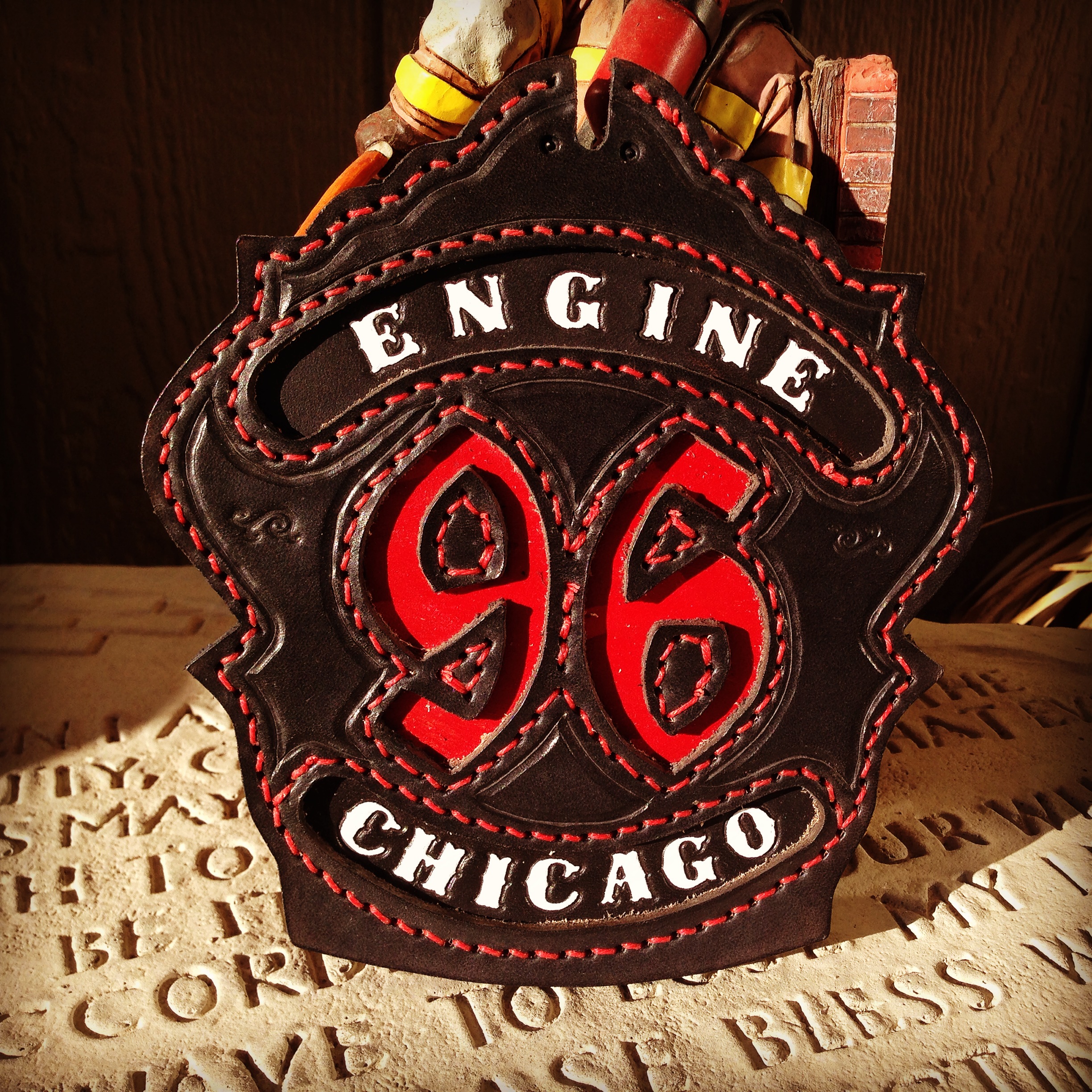 Custom leather fire helmet shields glove straps suspenders fronts